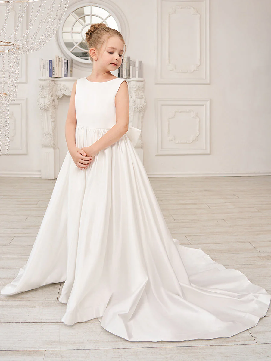 A-Line Princess Sleeveless Satin Flower Girl Dress with Sweep Train and Bow - Image 5