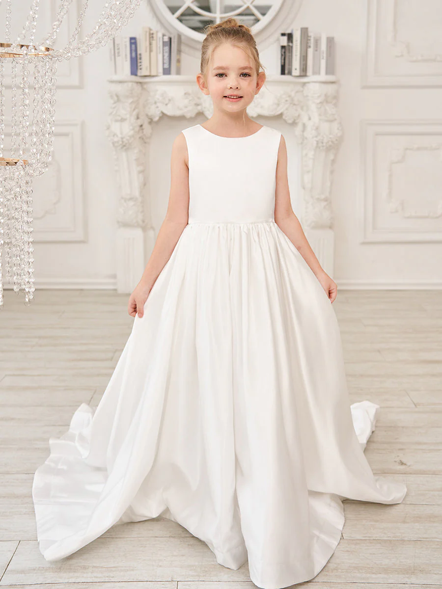 A-Line Princess Sleeveless Satin Flower Girl Dress with Sweep Train and Bow - Image 7