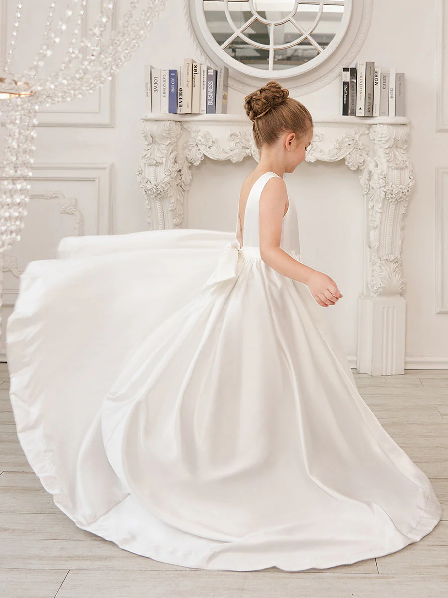 A-Line Princess Sleeveless Satin Flower Girl Dress with Sweep Train and Bow - Image 9