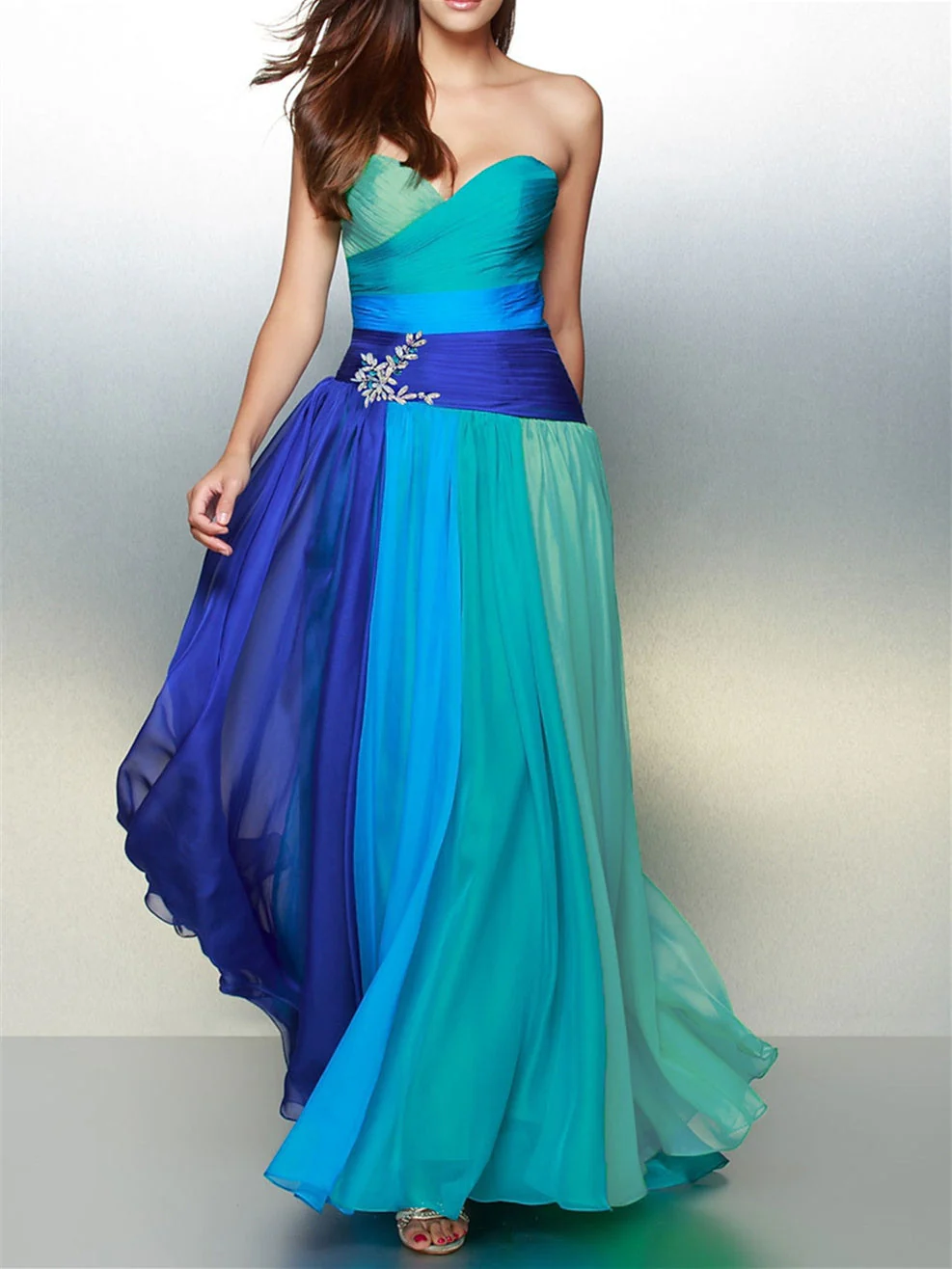A-Line/Princess Sleeveless Sweetheart Floor-Length Prom Dresses with Ruched Crystals - Image 4