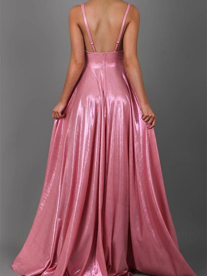 A-Line/Princess Sleeveless V Neck Floor-Length Prom Dresses with Pleats - Image 2