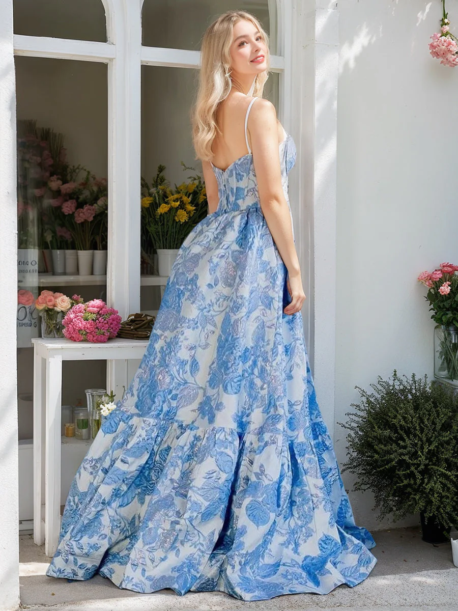 A-Line/Princess Spaghetti Straps Floor-Length Printed Floral Prom Dresses with Lace-Up & Appliques - Image 2