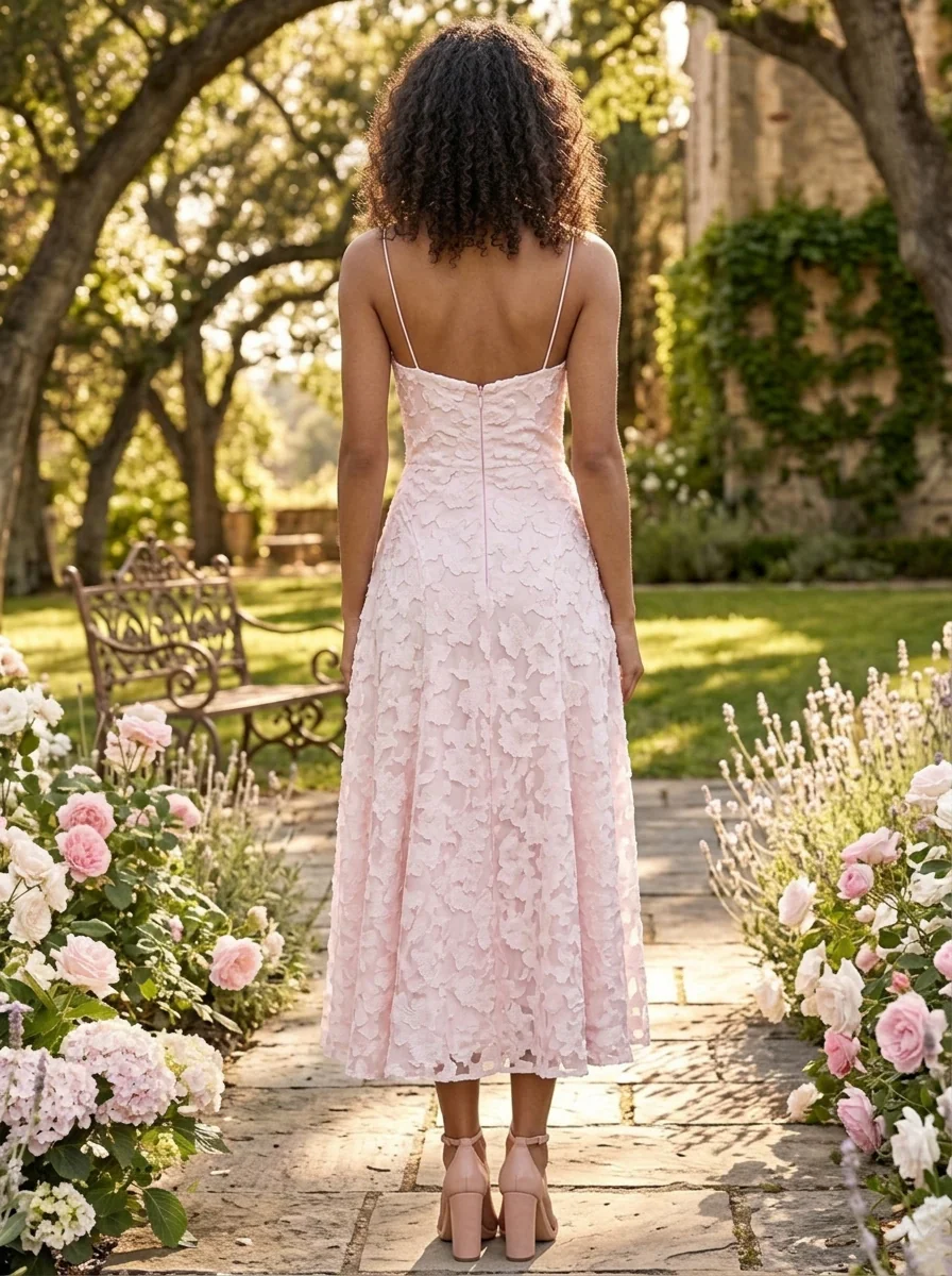 A-Line/Princess Spaghetti Straps Jacquard Cocktail Dresses Floral Sleeveless Tea-Length Party Dresses - Image 2