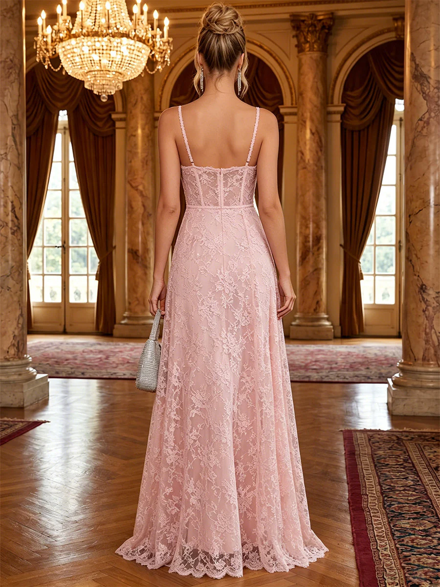 A-Line/Princess Spaghetti Straps Lace Formal Dresses Floor-Length Sleeveless Floral Evening Dresses - Image 2