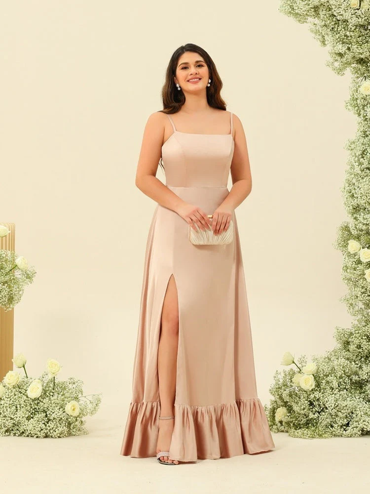 A-Line/Princess Spaghetti Straps Lace-Up Split Side Plus Size Bridesmaid Dresses - Image 3