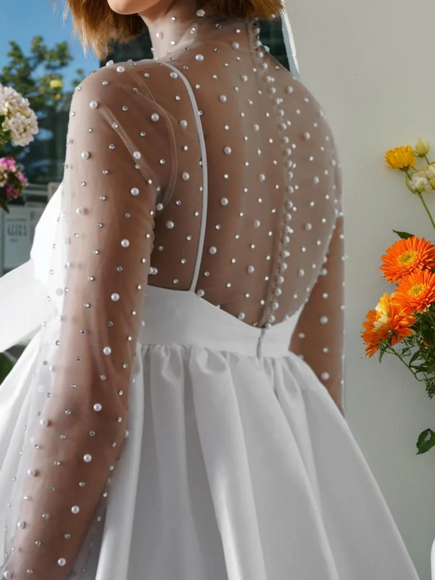 A-Line/Princess Spaghetti Straps Long Sleeves Mini Wedding Dress With Bowknot - Image 2