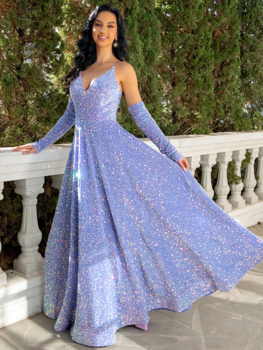 A-Line/Princess Spaghetti Straps Plunge V-Neck Floor-Length Pleated Evening Dresses with  Detachable Sleeves - Image 3