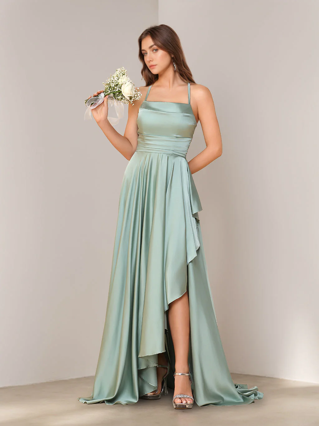 A-Line/Princess Spaghetti Straps Sleeveless Asymmetrical Bridesmaid Dresses with Split Side