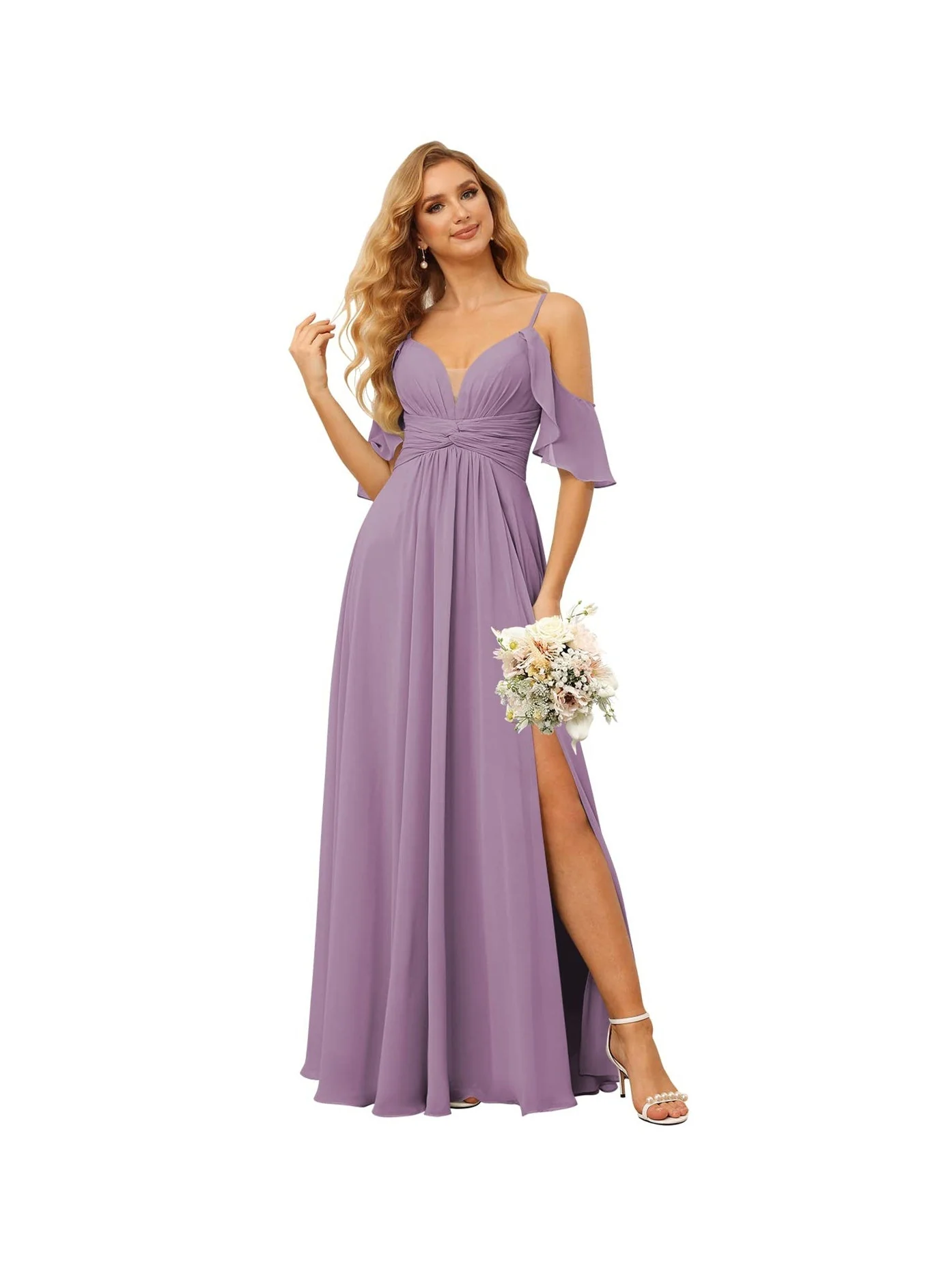 A-Line/Princess Spaghetti Straps Sleeveless Floor Length Bridesmaid Dresses Chiffon with Ruffles Split - Image 8