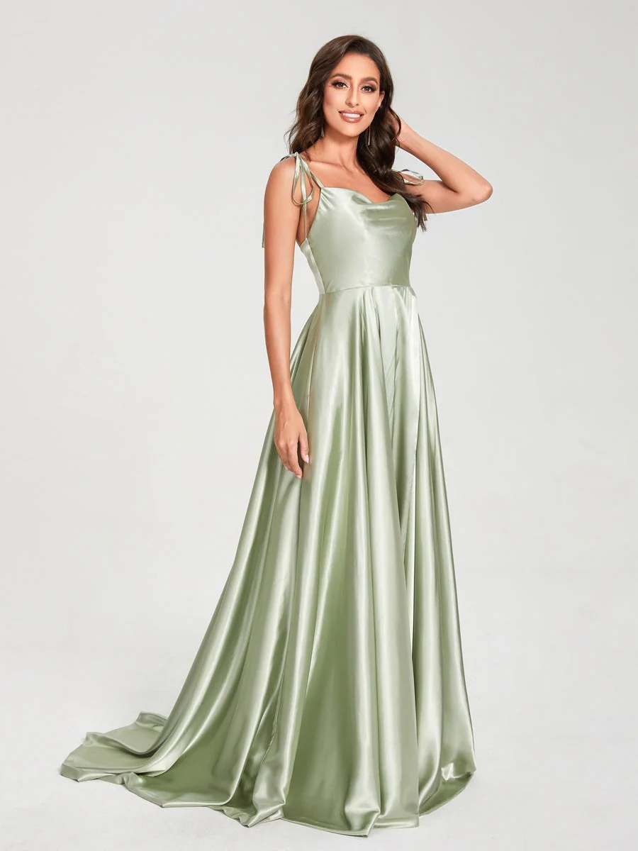 A-Line/Princess Spaghetti Straps Sleeveless Floor-Length Bridemaid Dresses with Split Side