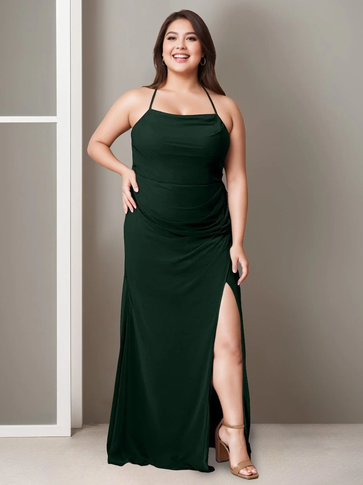 A Line/Princess Spaghetti Straps Sleeveless Floor-Length Bridesmaid Dresses with Split Side & Ruching - Image 3