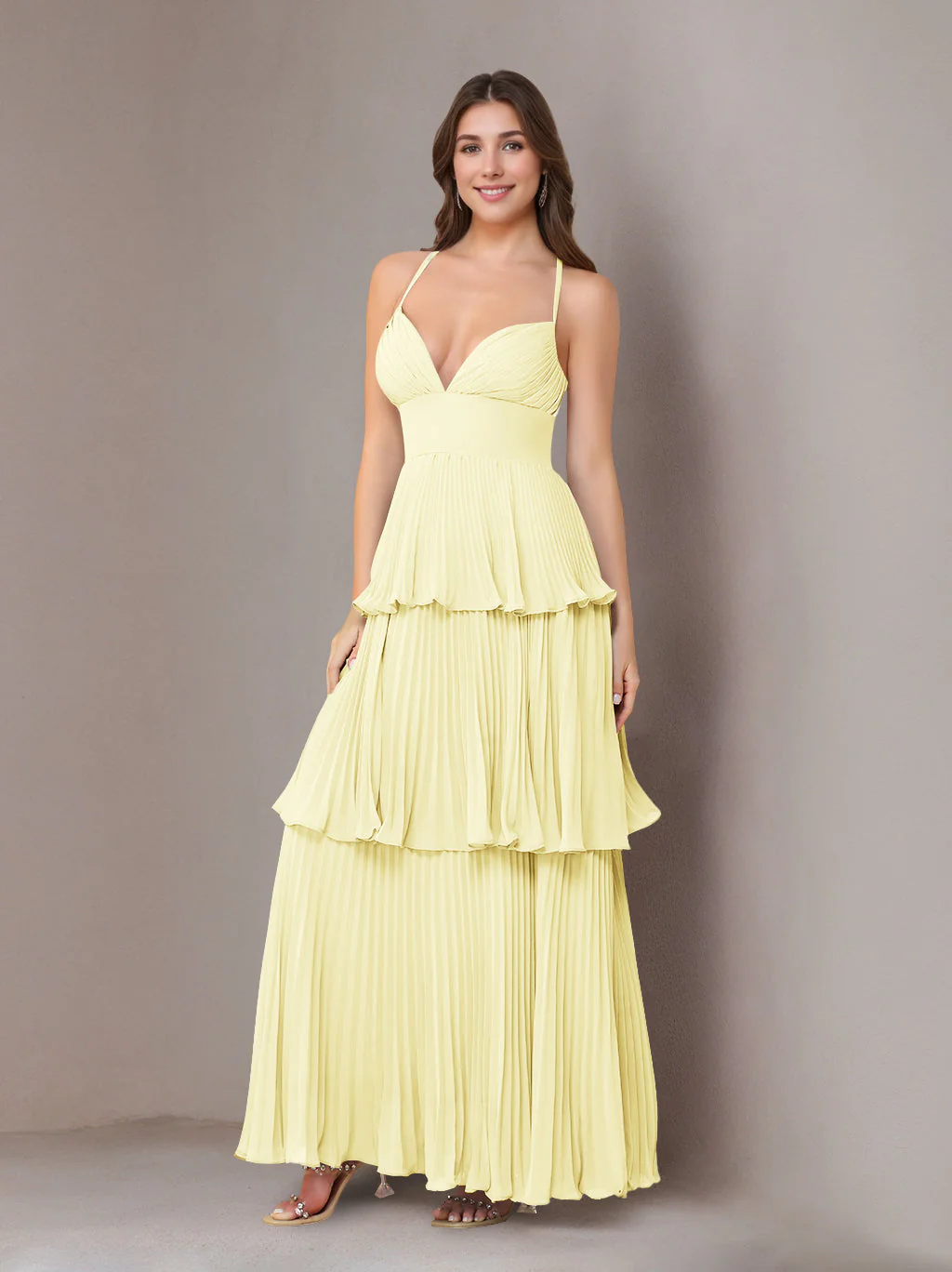 A-Line/Princess Spaghetti Straps Sleeveless Floor-Length Chiffon Bridesmaid Dresses with Pleated - Image 14