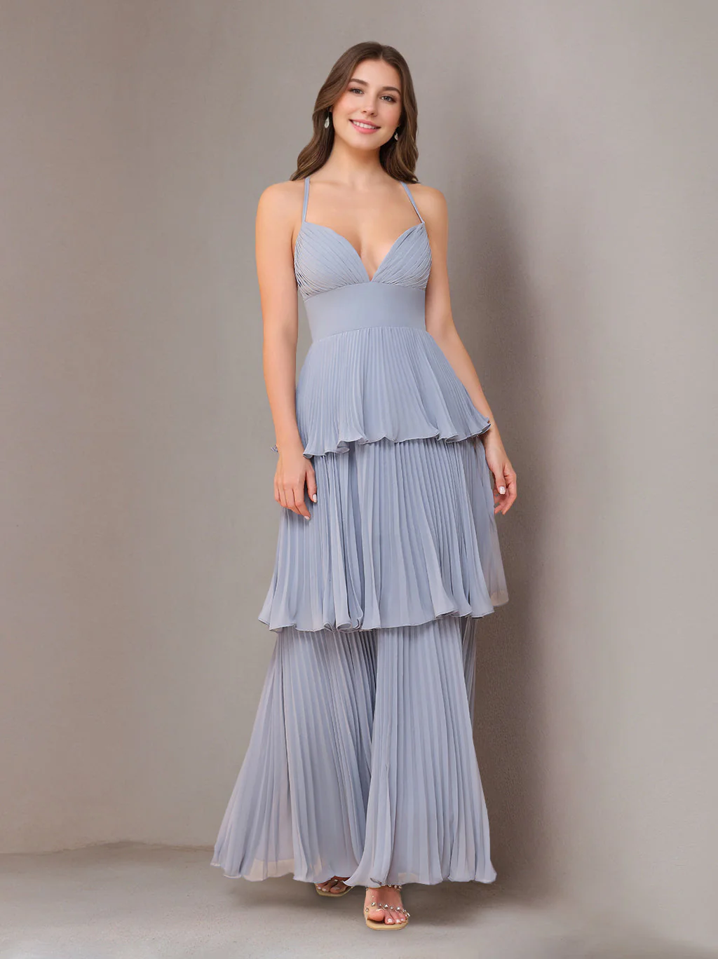 A-Line/Princess Spaghetti Straps Sleeveless Floor-Length Chiffon Bridesmaid Dresses with Pleated - Image 3