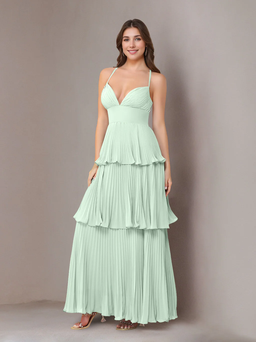 A-Line/Princess Spaghetti Straps Sleeveless Floor-Length Chiffon Bridesmaid Dresses with Pleated - Image 31