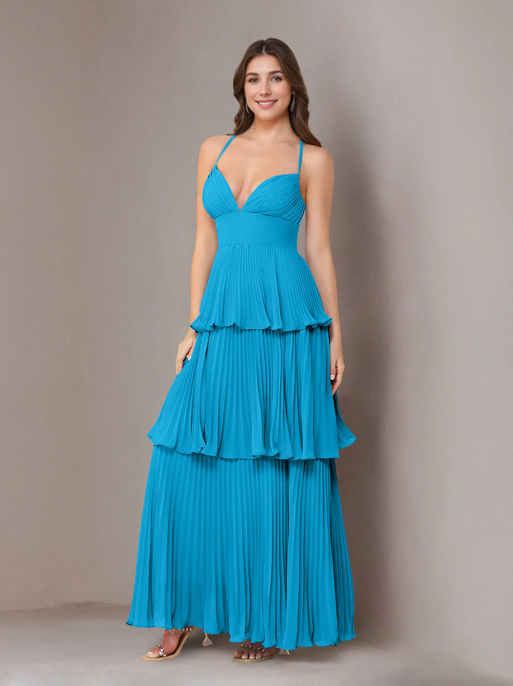 A-Line/Princess Spaghetti Straps Sleeveless Floor-Length Chiffon Bridesmaid Dresses with Pleated - Image 34