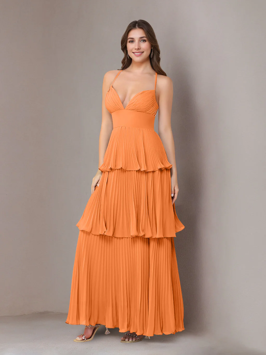 A-Line/Princess Spaghetti Straps Sleeveless Floor-Length Chiffon Bridesmaid Dresses with Pleated - Image 35