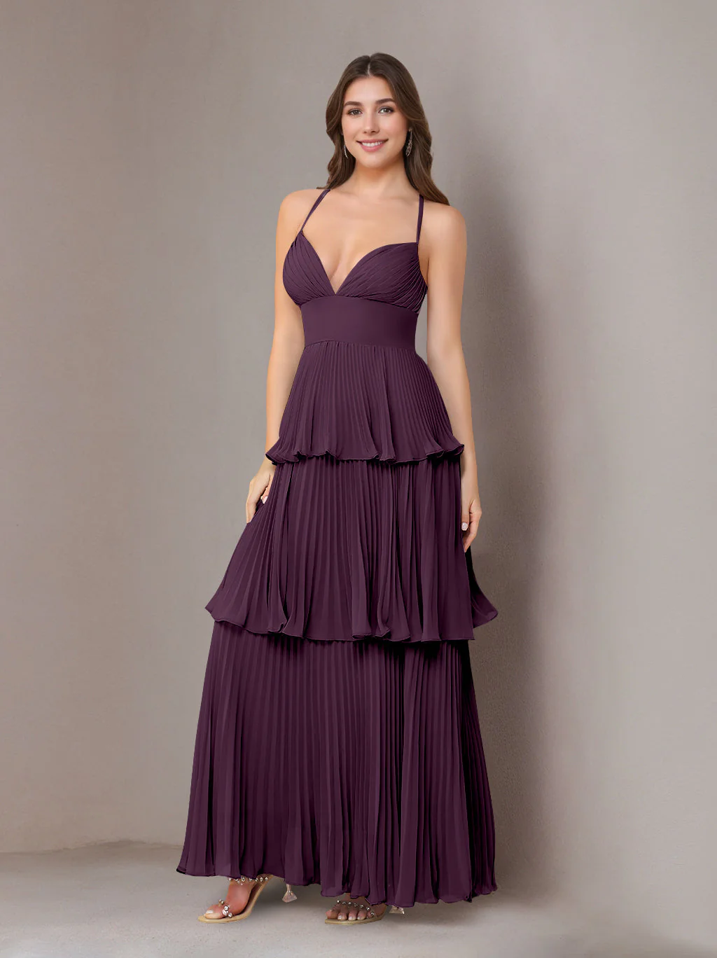A-Line/Princess Spaghetti Straps Sleeveless Floor-Length Chiffon Bridesmaid Dresses with Pleated - Image 40