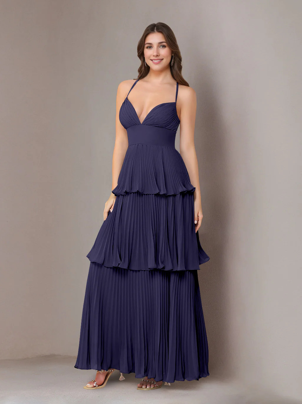 A-Line/Princess Spaghetti Straps Sleeveless Floor-Length Chiffon Bridesmaid Dresses with Pleated - Image 43