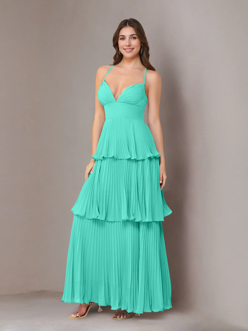 A-Line/Princess Spaghetti Straps Sleeveless Floor-Length Chiffon Bridesmaid Dresses with Pleated - Image 48