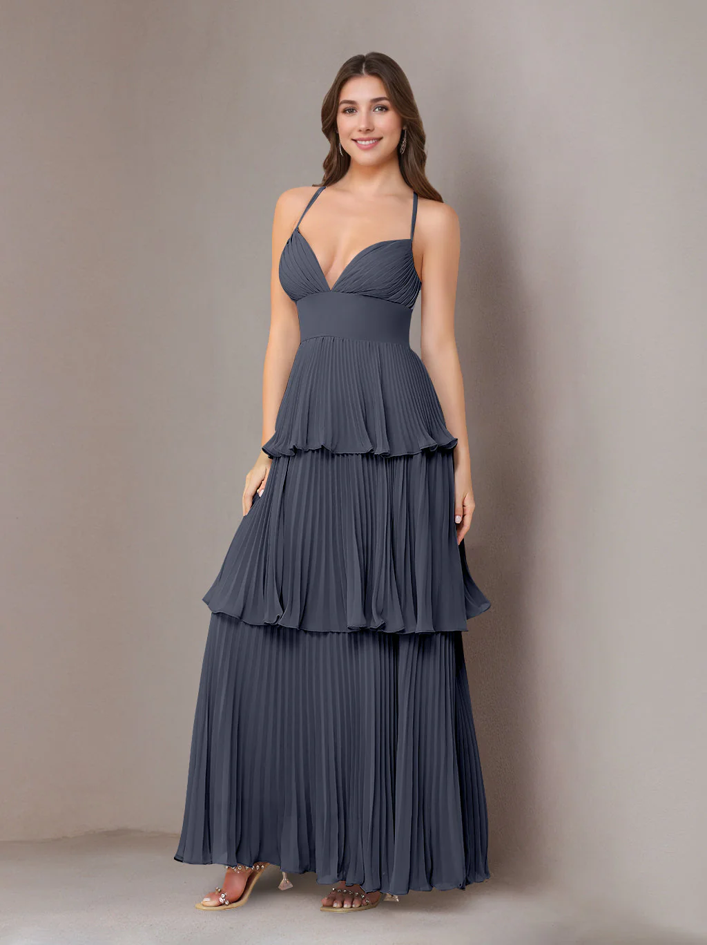 A-Line/Princess Spaghetti Straps Sleeveless Floor-Length Chiffon Bridesmaid Dresses with Pleated - Image 49