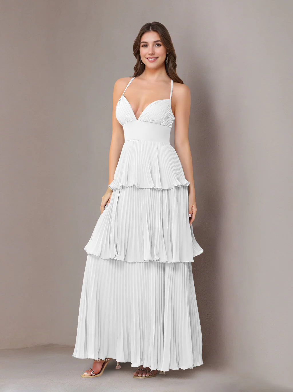 A-Line/Princess Spaghetti Straps Sleeveless Floor-Length Chiffon Bridesmaid Dresses with Pleated - Image 53