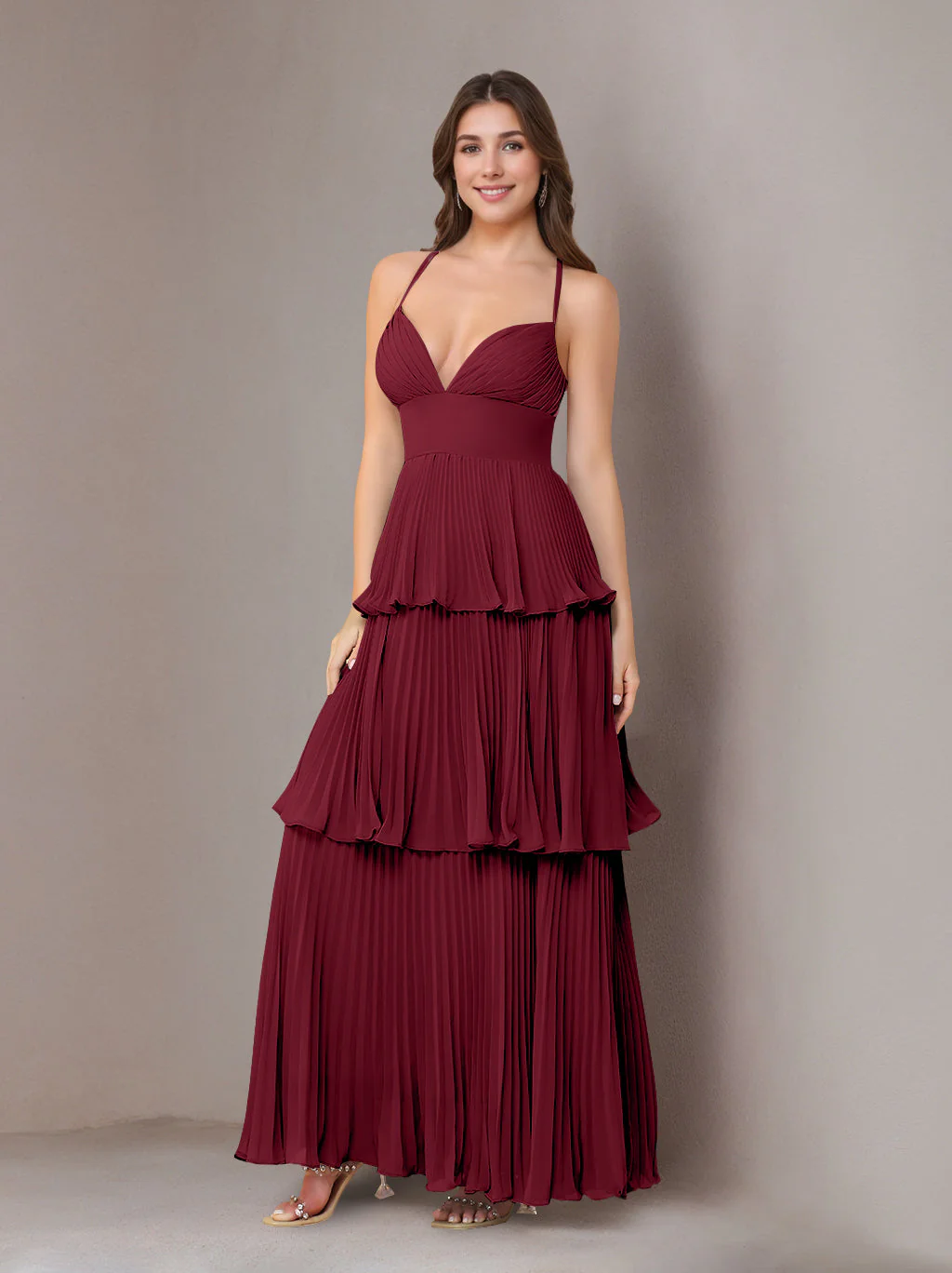 A-Line/Princess Spaghetti Straps Sleeveless Floor-Length Chiffon Bridesmaid Dresses with Pleated - Image 6