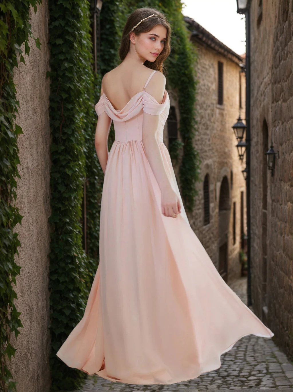 A-Line/Princess Spaghetti Straps Sleeveless Floor-Length Chiffon Bridesmaid Dresses with Ruffles - Image 2