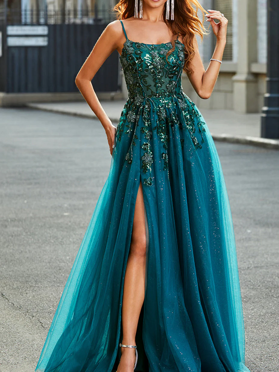 A-Line/Princess Spaghetti Straps Sleeveless Floor-Length Evening Dress with Appliques - Image 2