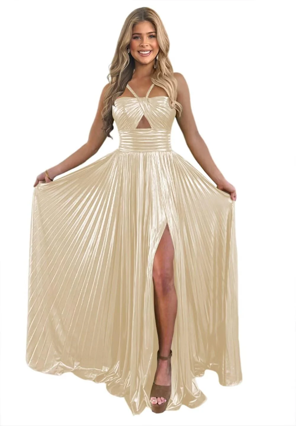 A-Line/Princess Spaghetti Straps Sleeveless Floor-length Long Formal Evening Dresses with Split Side - Image 14