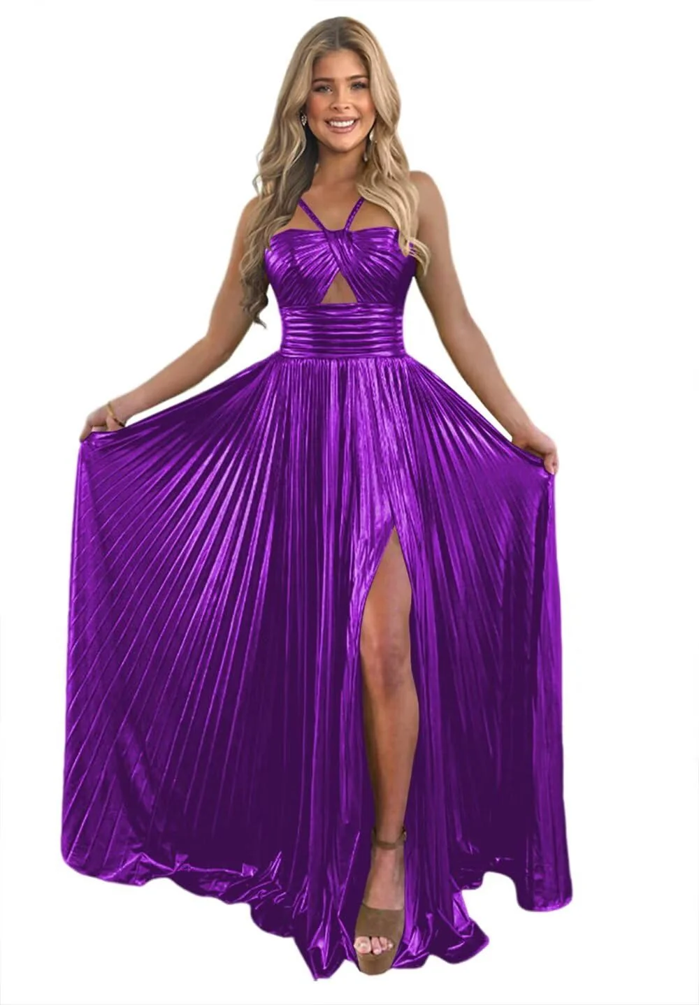 A-Line/Princess Spaghetti Straps Sleeveless Floor-length Long Formal Evening Dresses with Split Side - Image 24