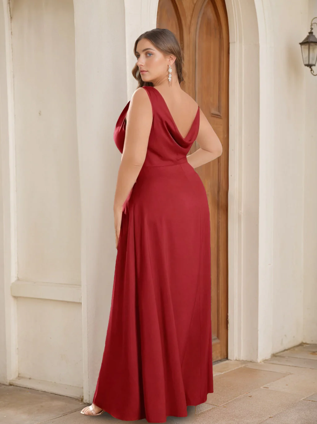 A Line/Princess Spaghetti Straps Sleeveless Floor-Length Plus Size Bridesmaid Dresses with Split Side - Image 2