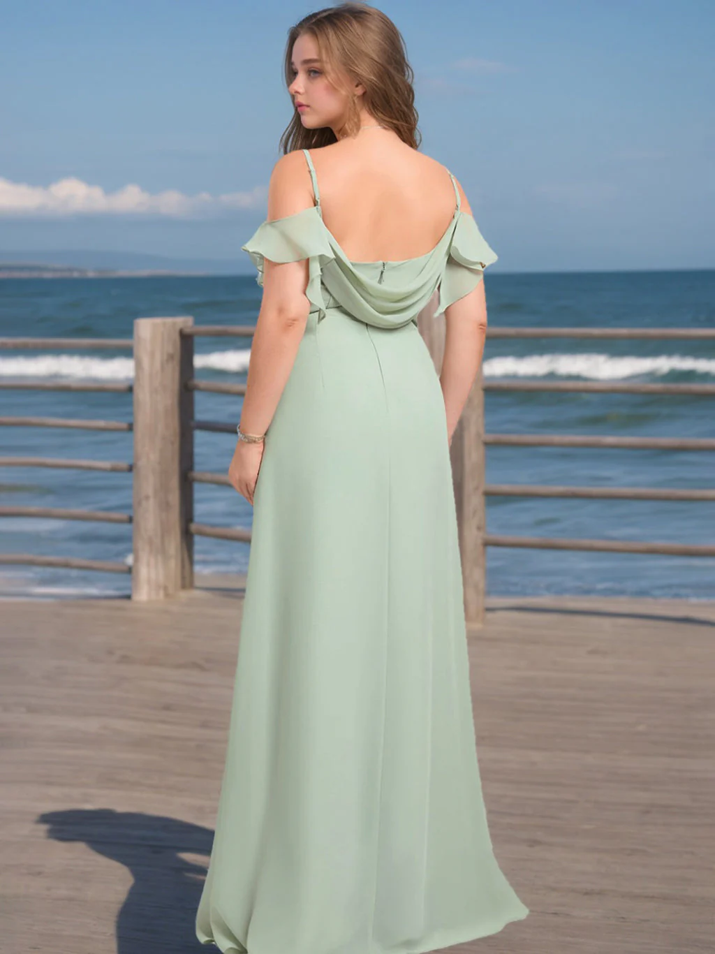 A-Line/Princess Spaghetti Straps Sleeveless Floor-Length Plus Size  Bridesmaid Dresses with Split Side & Ruffles - Image 2