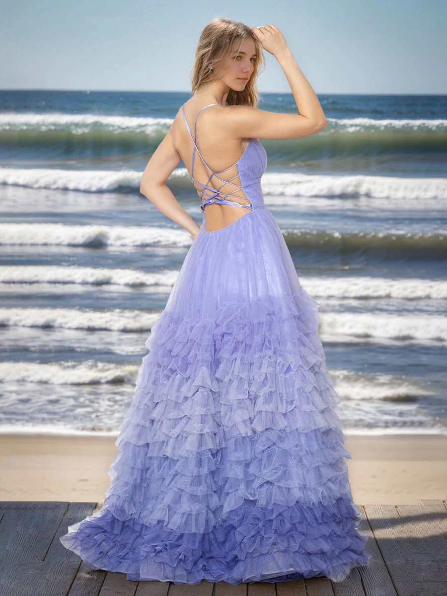 A-Line/Princess Spaghetti Straps Sleeveless Floor Length Prom Dresses with Ruffles & High Split - Image 2