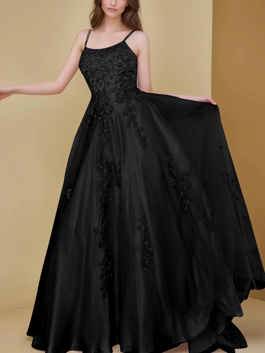 A-Line/Princess Spaghetti Straps Sleeveless Floor-Length Prom Evening Dresses with Appliques - Image 5