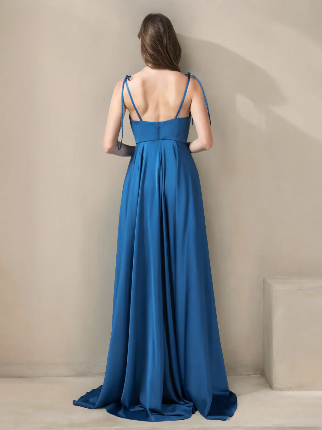 A Line/Princess Spaghetti Straps Sleeveless Floor-Length Stretch Satin Bridesmaid Dresses - Image 2