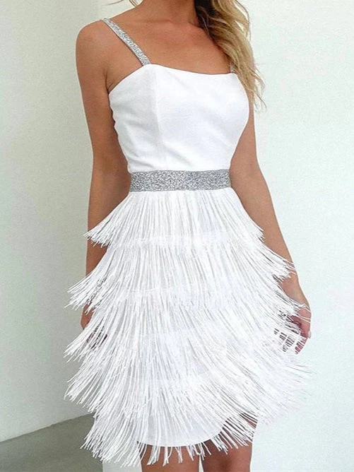 A-Line/Princess Spaghetti Straps Sleeveless Knee-Length Vintage Dress With Tassel Fringe - Image 4