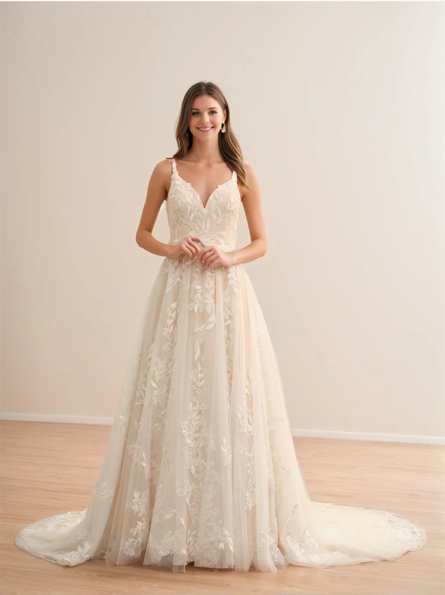 A-Line/Princess Spaghetti Straps Sleeveless Long Wedding Dresses with Appliques - Image 3