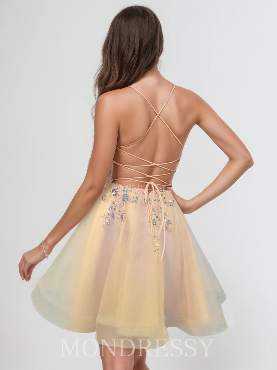 A-Line/Princess Spaghetti Straps Sleeveless Short/Mini Party Dance Cocktail Homecoming Dress with Sequins & Beaded - Image 2