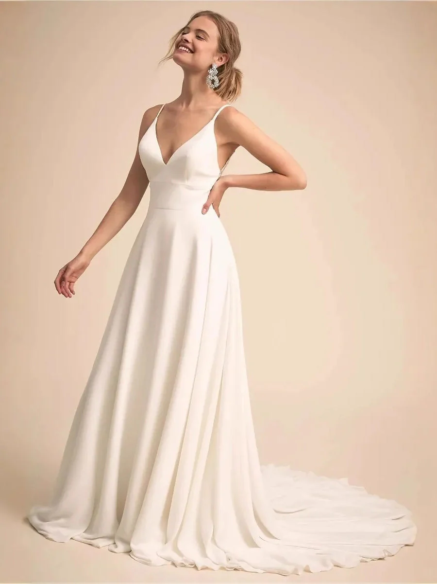 A-Line/Princess Spaghetti Straps Sleeveless Sweep Train Wedding Dresses with Lace Appliques & Buttons