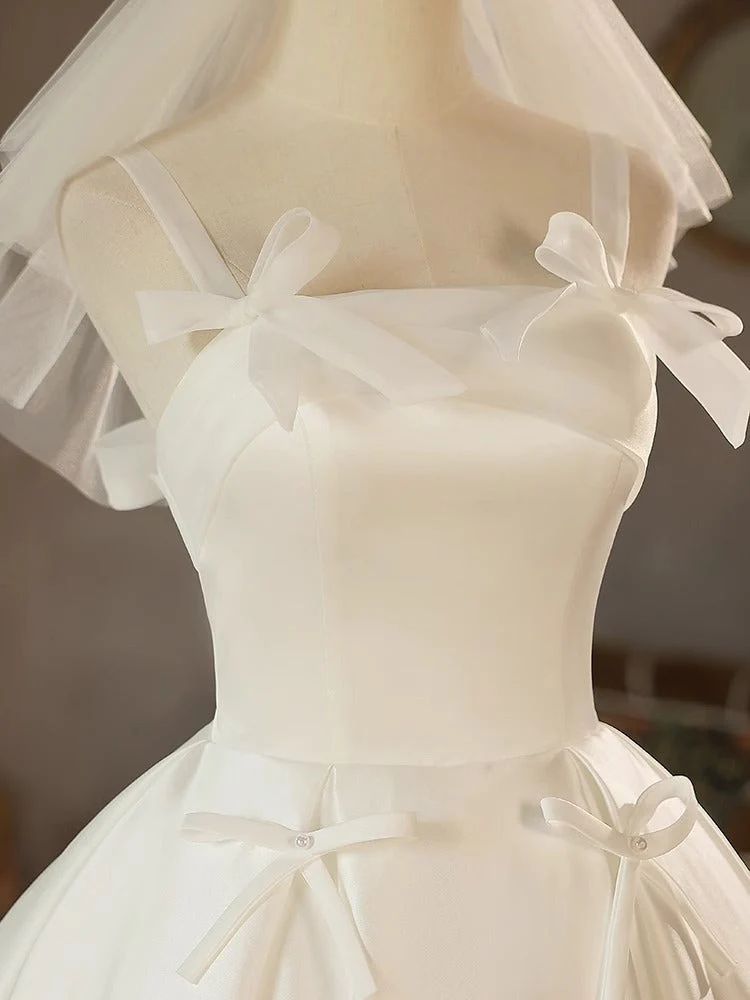 A-Line/Princess Spaghetti Straps Sleeveless Tea-Length Pleated Wedding Dresses with Bows & Lace-up - Image 5