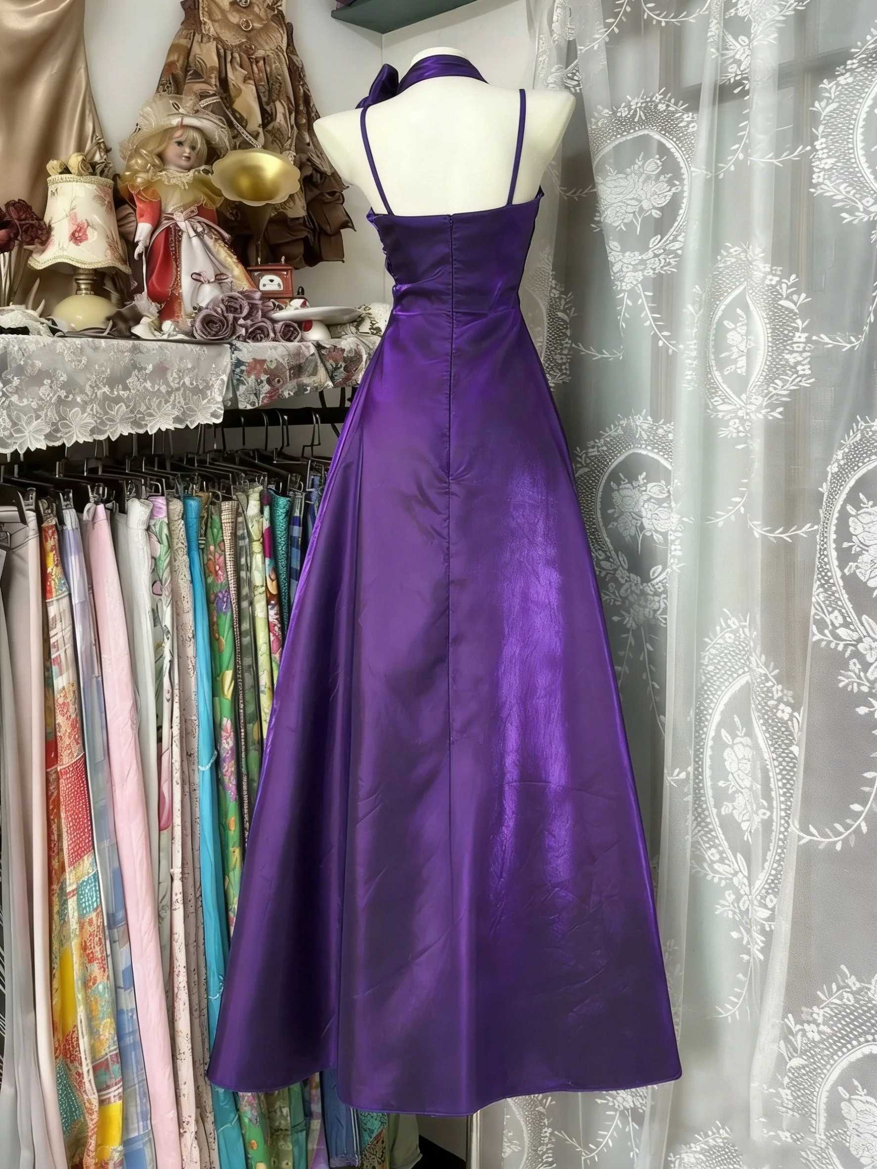 A-Line/Princess Spaghetti Straps Taffeta Prom Dresses with Split Side Vintage 80s Iridescent Dress with Scarf Sleeveless Ankle-Length - Image 2