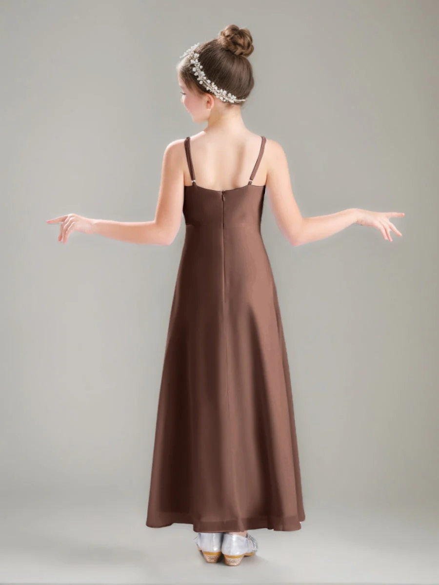 A-Line/Princess Spaghetti Straps V-Neck Ruched Ankle-Length Junior Bridesmaid Dresses - Image 2