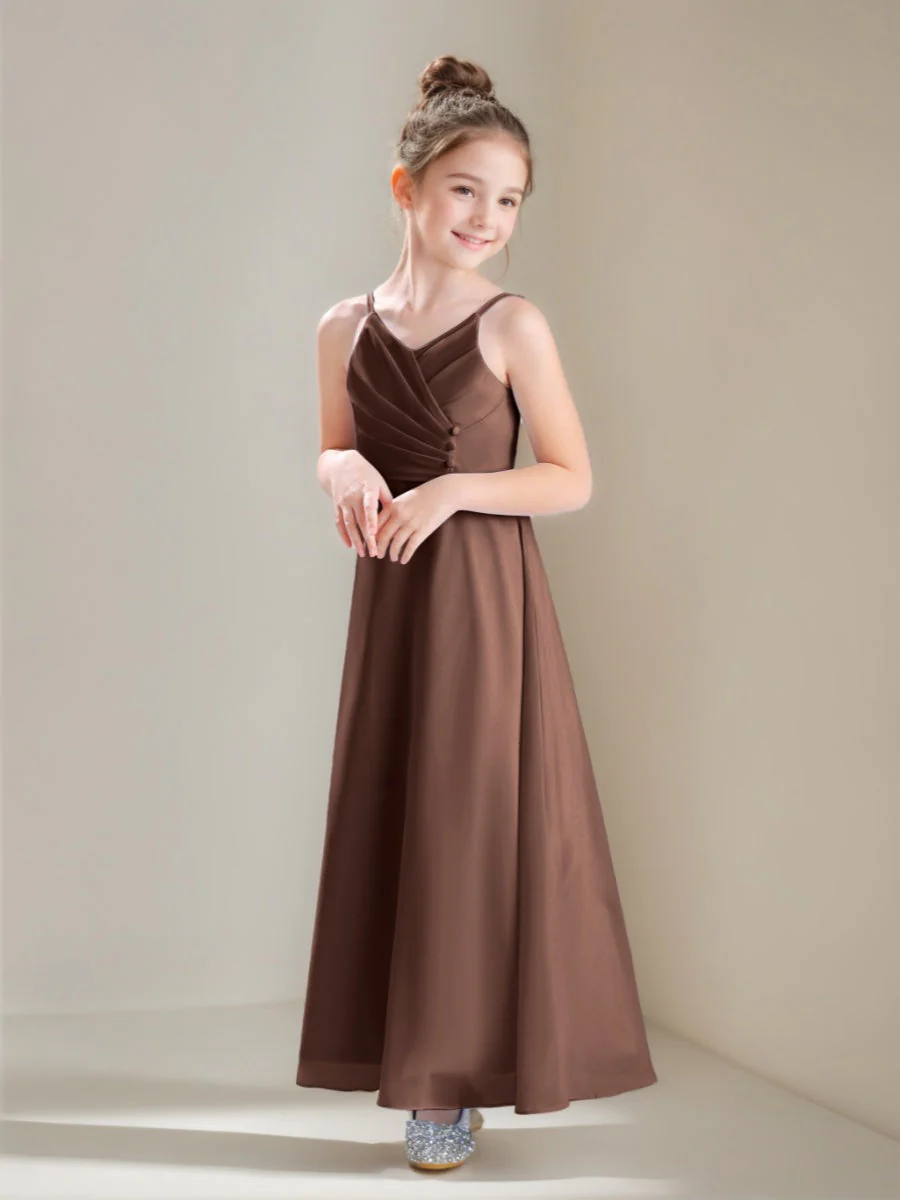 A-Line/Princess Spaghetti Straps V-Neck Ruched Ankle-Length Junior Bridesmaid Dresses - Image 3