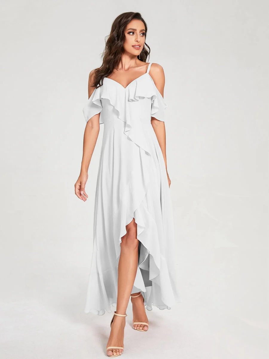 A-Line/Princess Spaghetti Straps V-Neck Short Sleeves Asymmetrical Bridemaid Dresses With Ruffles - Image 20