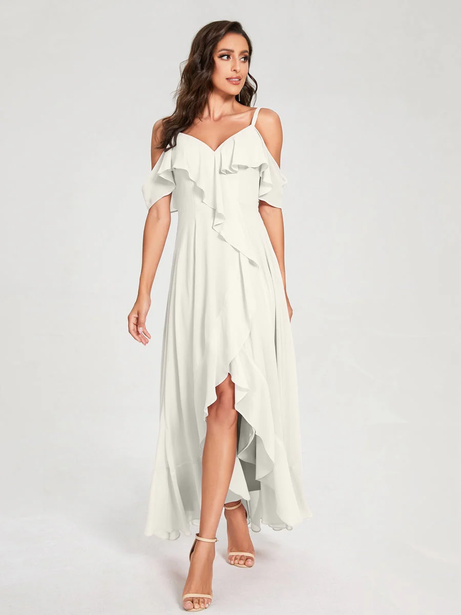 A-Line/Princess Spaghetti Straps V-Neck Short Sleeves Asymmetrical Bridemaid Dresses With Ruffles - Image 21