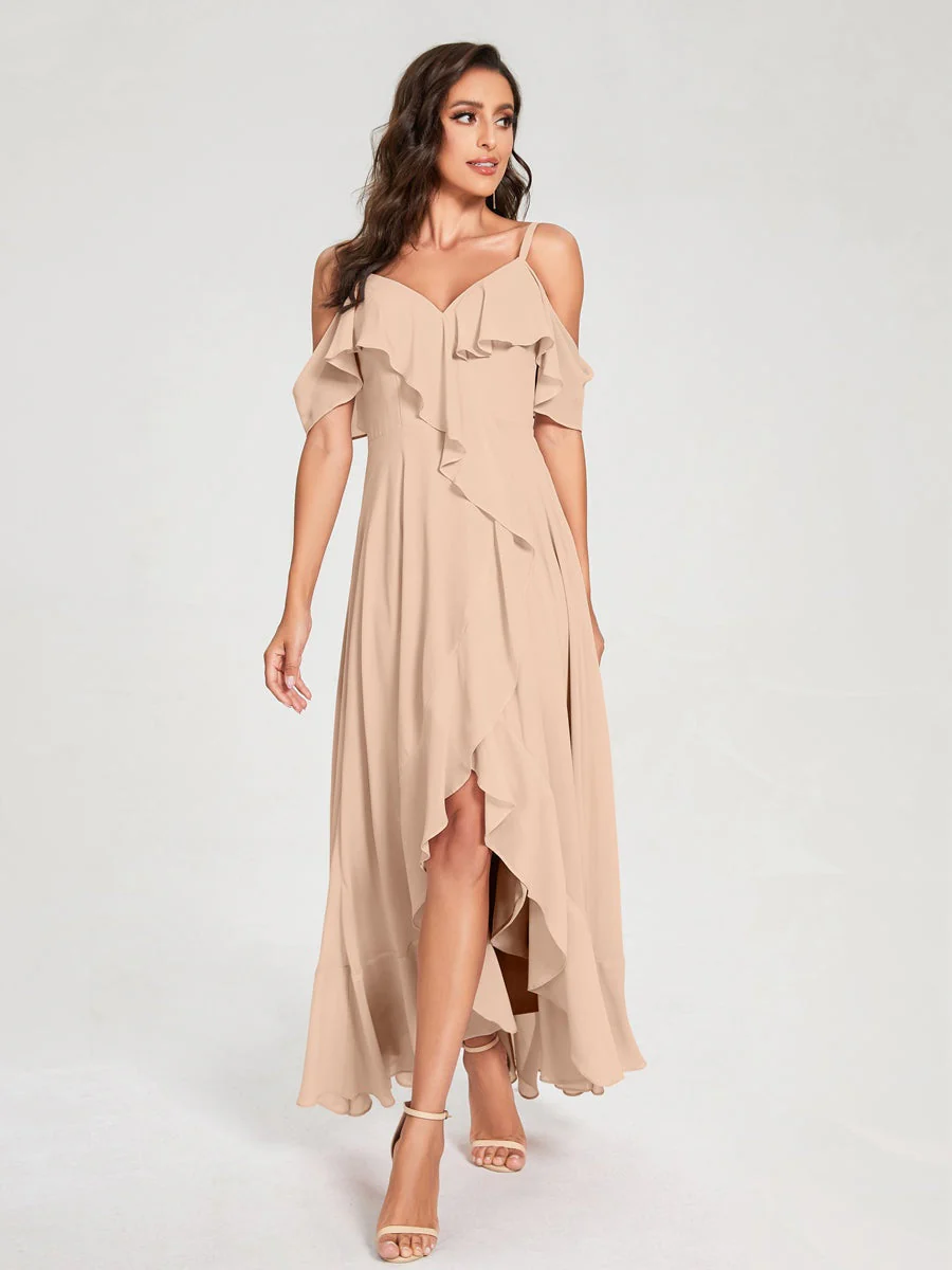 A-Line/Princess Spaghetti Straps V-Neck Short Sleeves Asymmetrical Bridemaid Dresses With Ruffles - Image 29