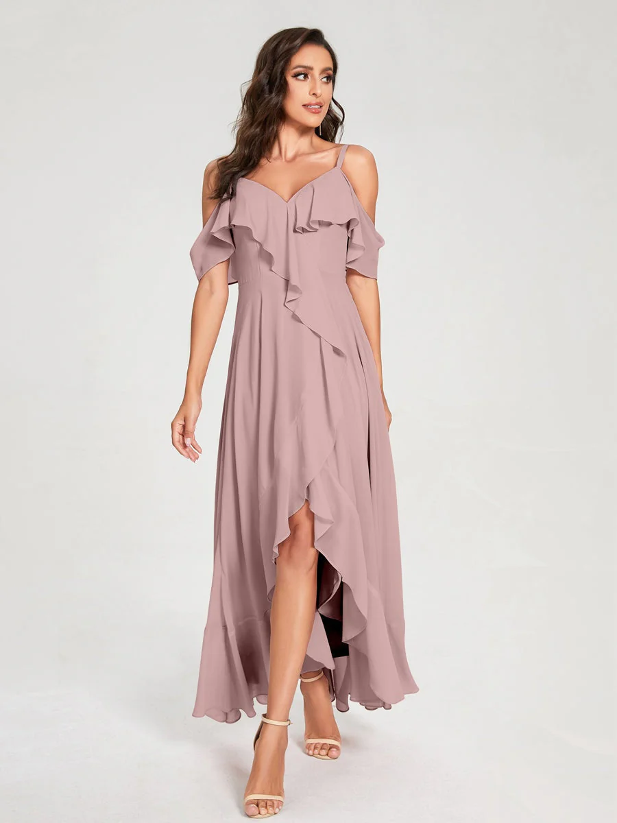 A-Line/Princess Spaghetti Straps V-Neck Short Sleeves Asymmetrical Bridemaid Dresses With Ruffles - Image 30