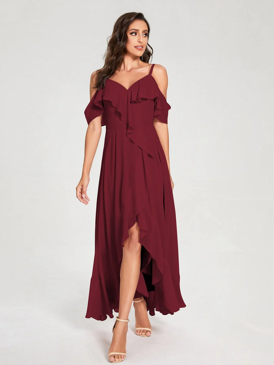 A-Line/Princess Spaghetti Straps V-Neck Short Sleeves Asymmetrical Bridemaid Dresses With Ruffles - Image 37