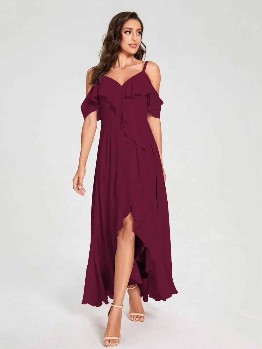 A-Line/Princess Spaghetti Straps V-Neck Short Sleeves Asymmetrical Bridemaid Dresses With Ruffles - Image 38
