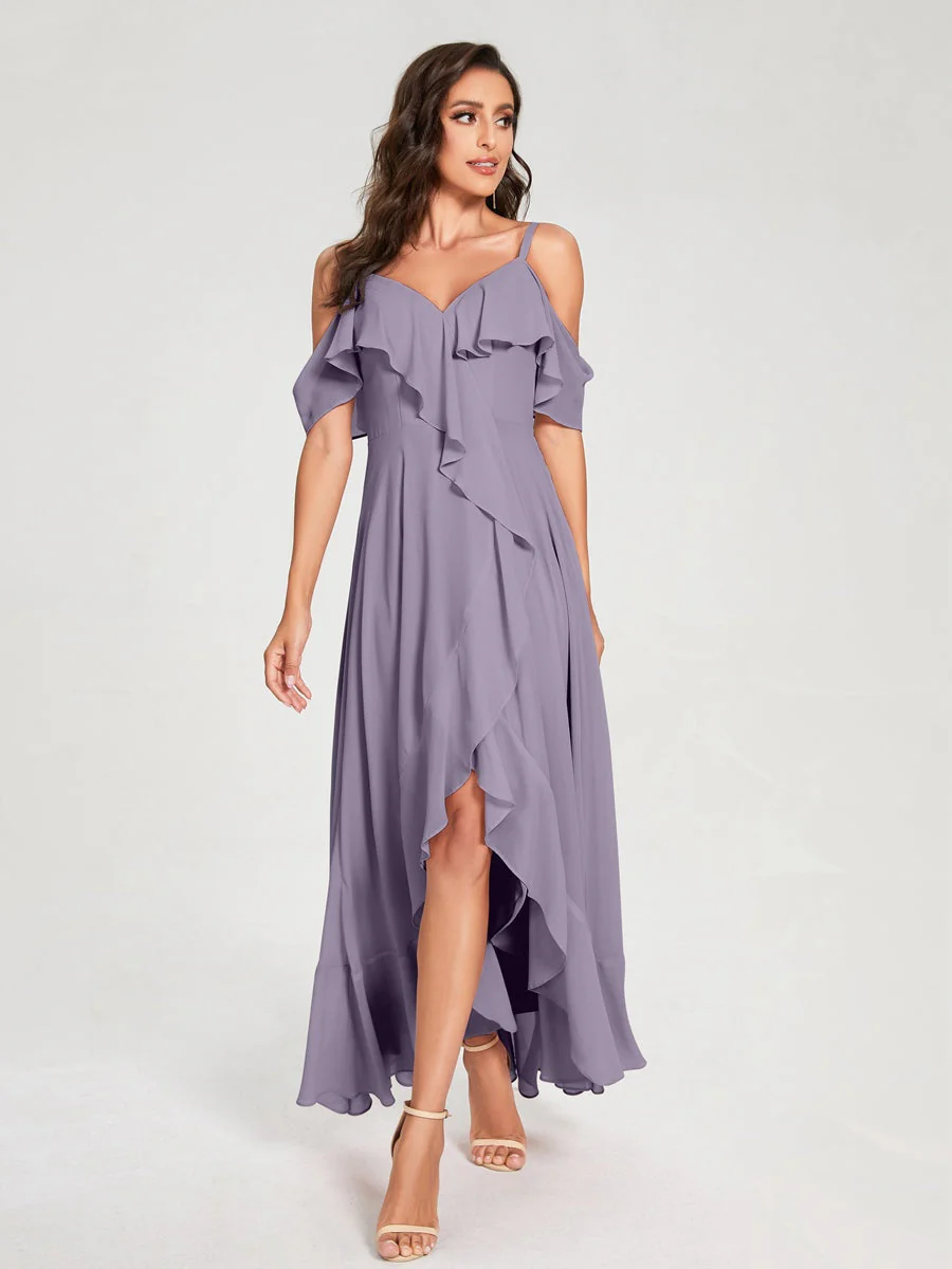 A-Line/Princess Spaghetti Straps V-Neck Short Sleeves Asymmetrical Bridemaid Dresses With Ruffles - Image 39